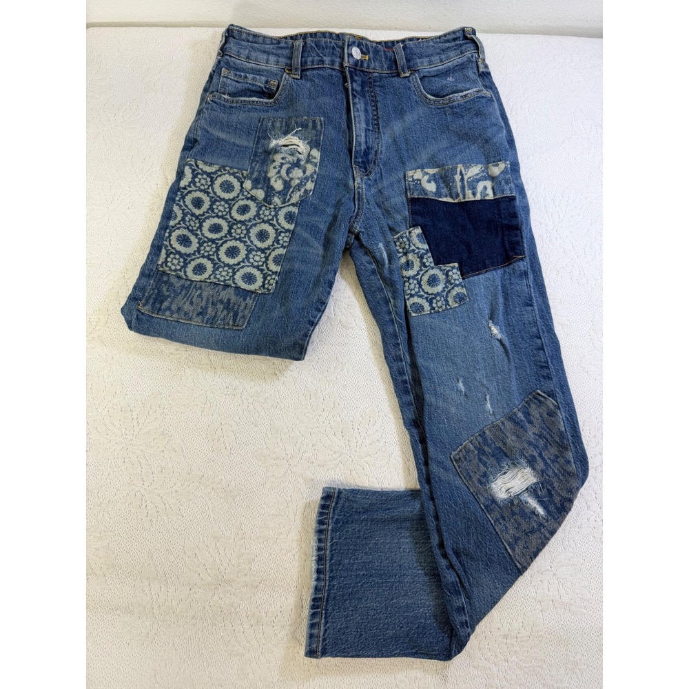 Pilcro and the Letterpress Patchwork Distressed Straight Leg Jeans Blue Size 26